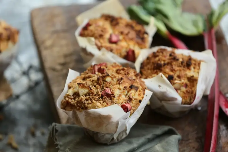 Apple Rhubarb Crumble Muffins, recipe by Hayden Quinn