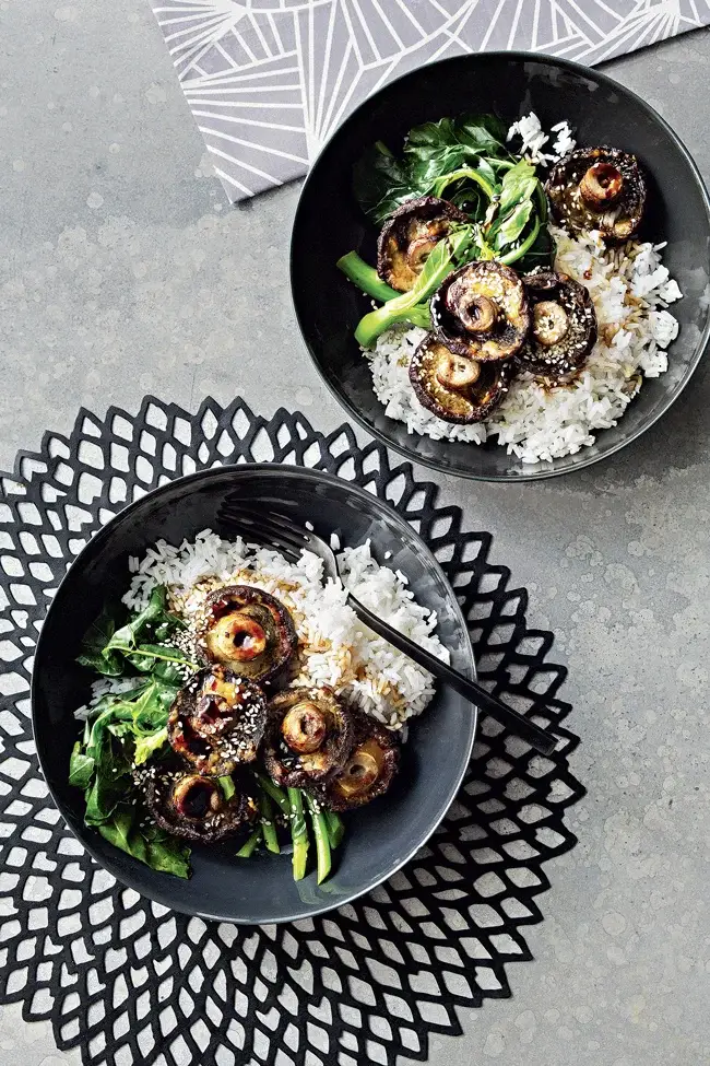 Roast Miso Mushrooms W/ Gai Lan, recipe by Hayden Quinn