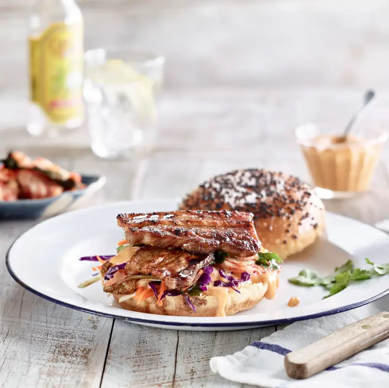 Korean Pork Burger with Gochujan Mayo, recipe by Hayden Quinn