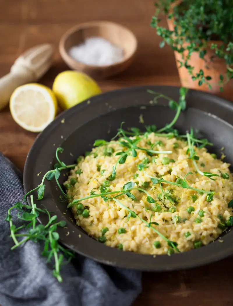 Goats Cheese, Pea and Lemon Risotto, recipe by Hayden Quinn