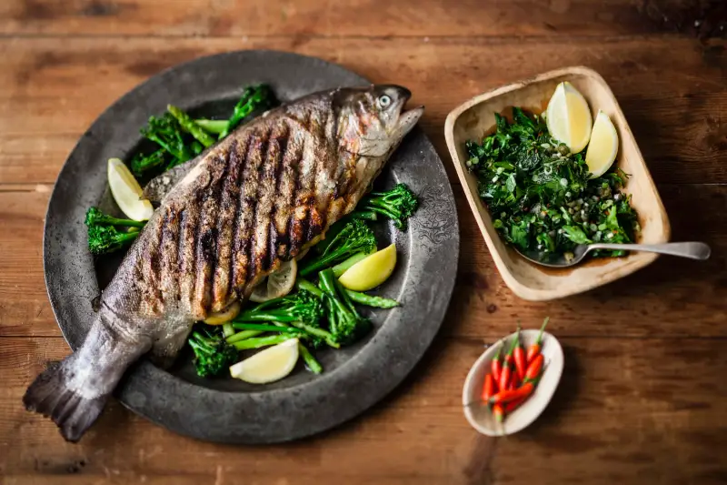 Grilled Trout, Broccolini & Salsa Verde, recipe by Hayden Quinn