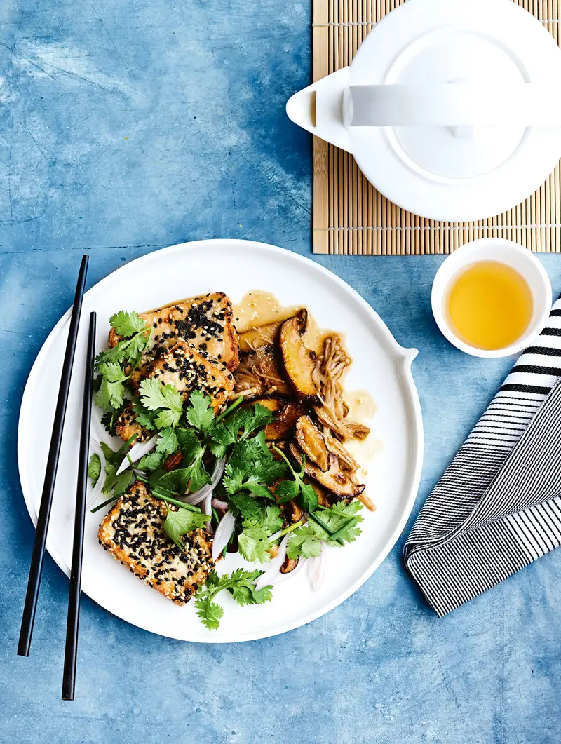 Tofu with Garlic and Ginger Sautéed Enoki Mushrooms, recipe by Hayden Quinn