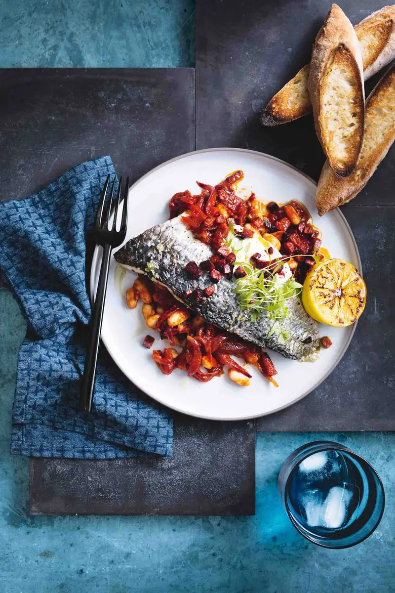 Roasted Mullet with Cannellini Beans, recipe by Hayden Quinn
