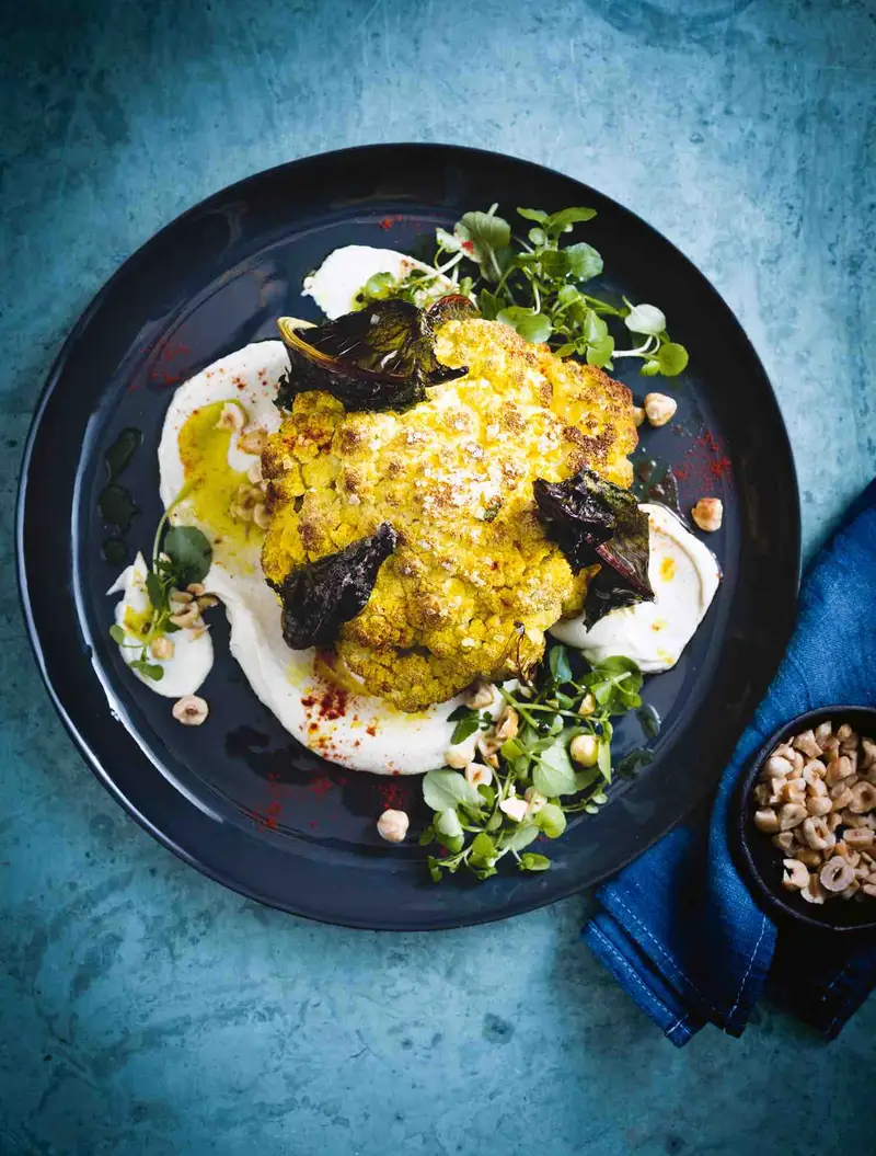 Whole Roast Cauliflower W/ Tahini & Hazelnuts, recipe by Hayden Quinn