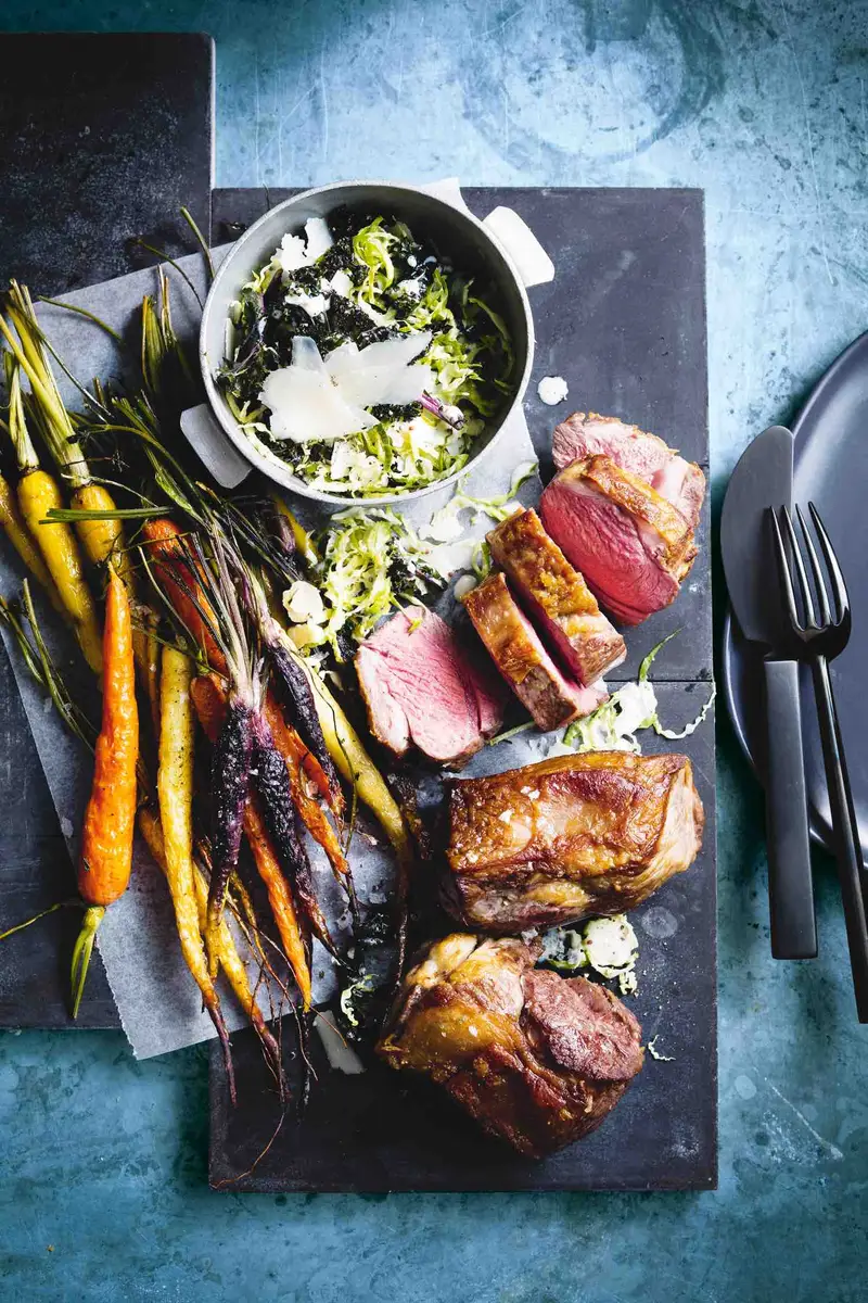 Lamb Mini Roast W/ Kale and Brussel Sprout Salad, recipe by Hayden Quinn