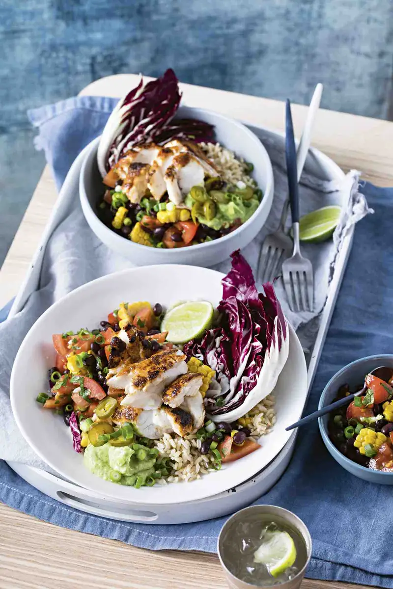 Fish, Bean and Rice Bowl with Spicy Green Dressing, recipe by Hayden Quinn