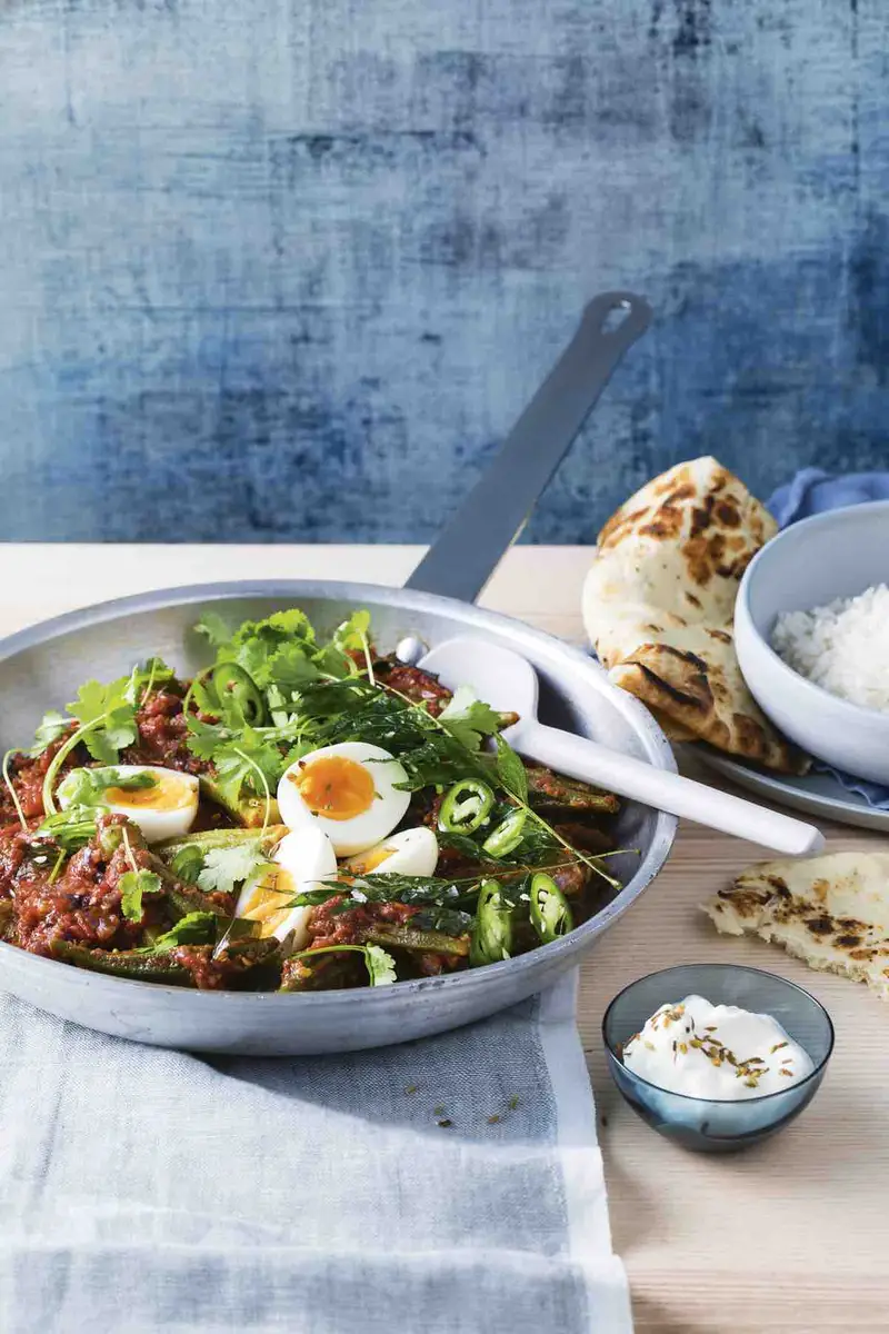 Okra & Egg Curry W/ Rice and Fragrant Herbs, recipe by Hayden Quinn