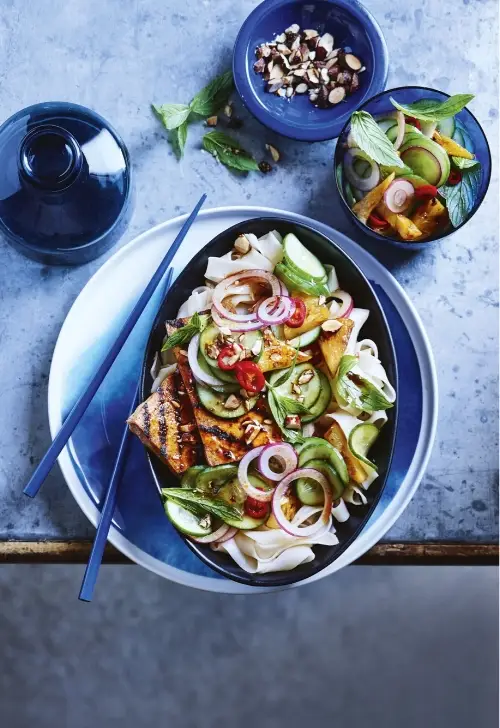 Marinated Tofu Noodle Bowl with Caramelised Pineapple, recipe by Hayden Quinn