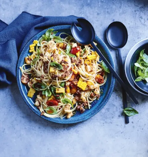 Prawn, Chorizo and Corn Spaghetti, recipe by Hayden Quinn