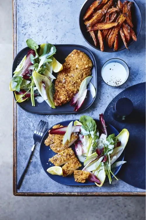 Buttermilk Schnitzel with Bitter Leaf Salad and Sweet Potato Chips, recipe by Hayden Quinn