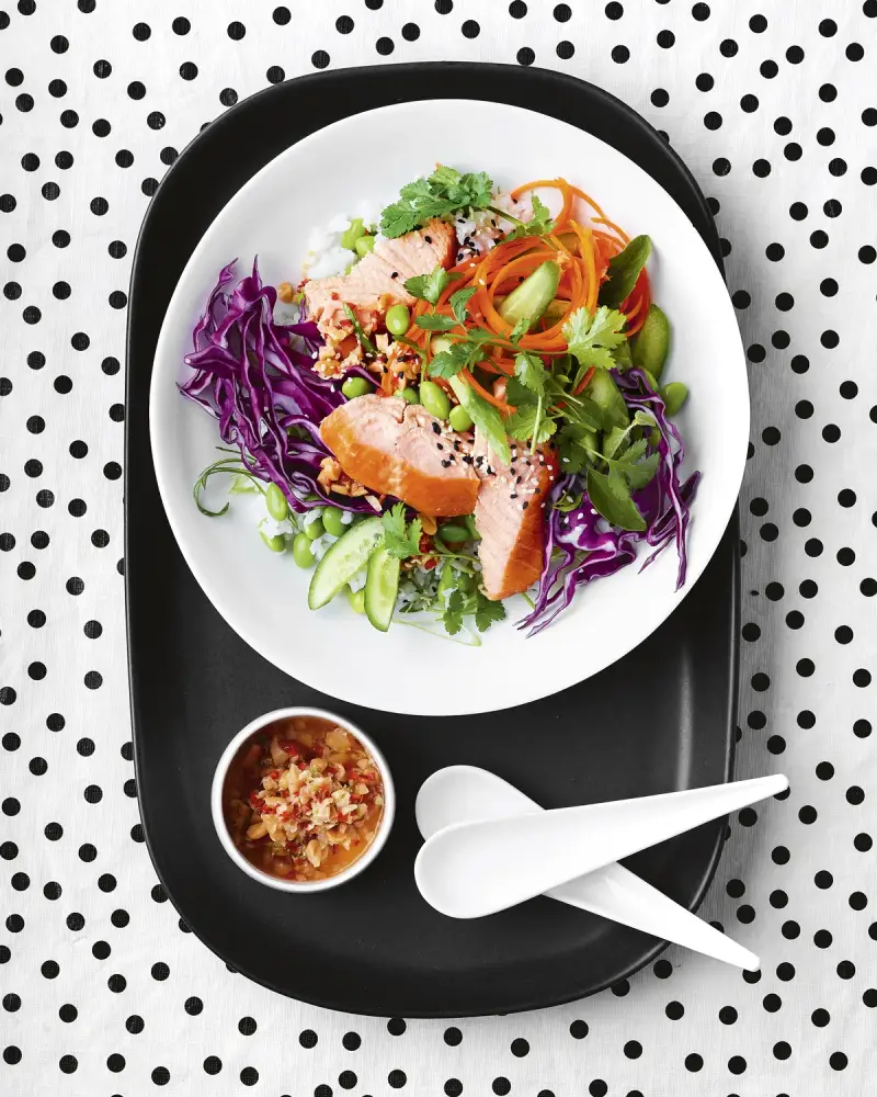 Hot Smoked Salmon Bowl W/ Sushi Rice, Edamame & Slaw, recipe by Hayden Quinn