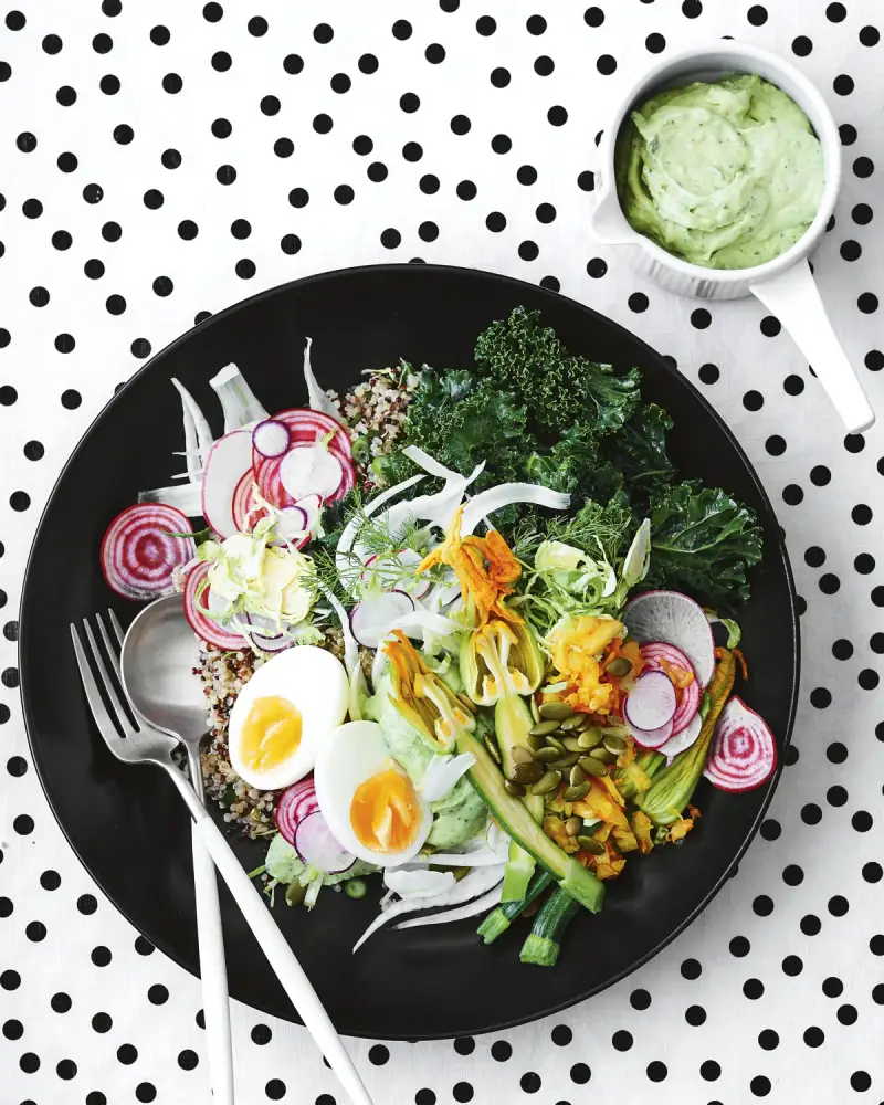 Classic Raw Bowl W/ Avocado Tahini Dressing, recipe by Hayden Quinn