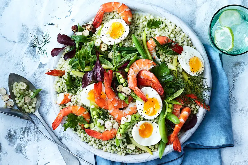 Prawn, Sugar Snaps, Beans and Herb Salad, recipe by Hayden Quinn