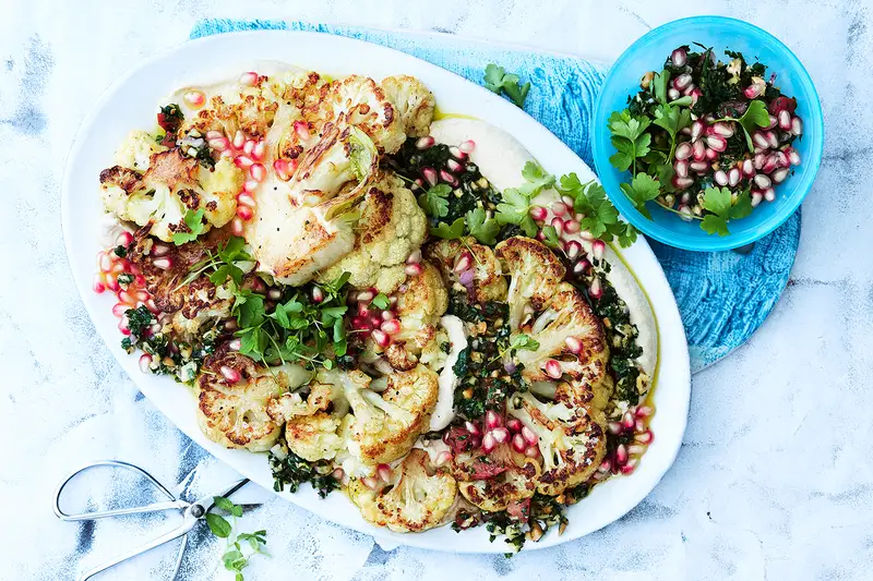 Cauliflower Steaks, White Bean Puree & Almond Tabbouleh, recipe by Hayden Quinn