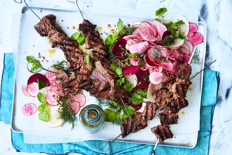 Beef Skewers with Beetroot, Radish and Grain Salad, recipe by Hayden Quinn