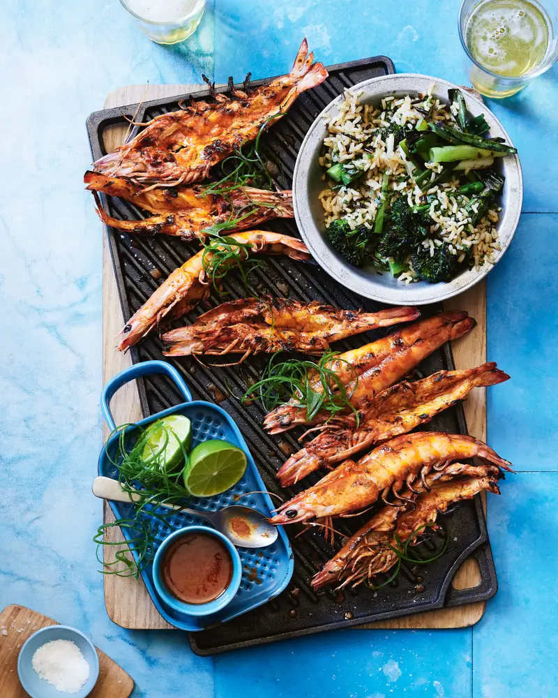 Harissa Butter Prawns W/ Wild Rice and Broccolini, recipe by Hayden Quinn