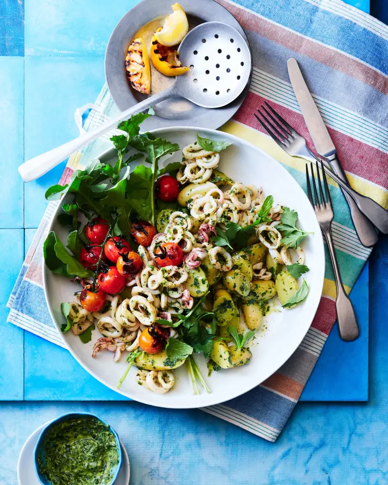 Calamari W/ Potatoes and Salsa Verde, recipe by Hayden Quinn