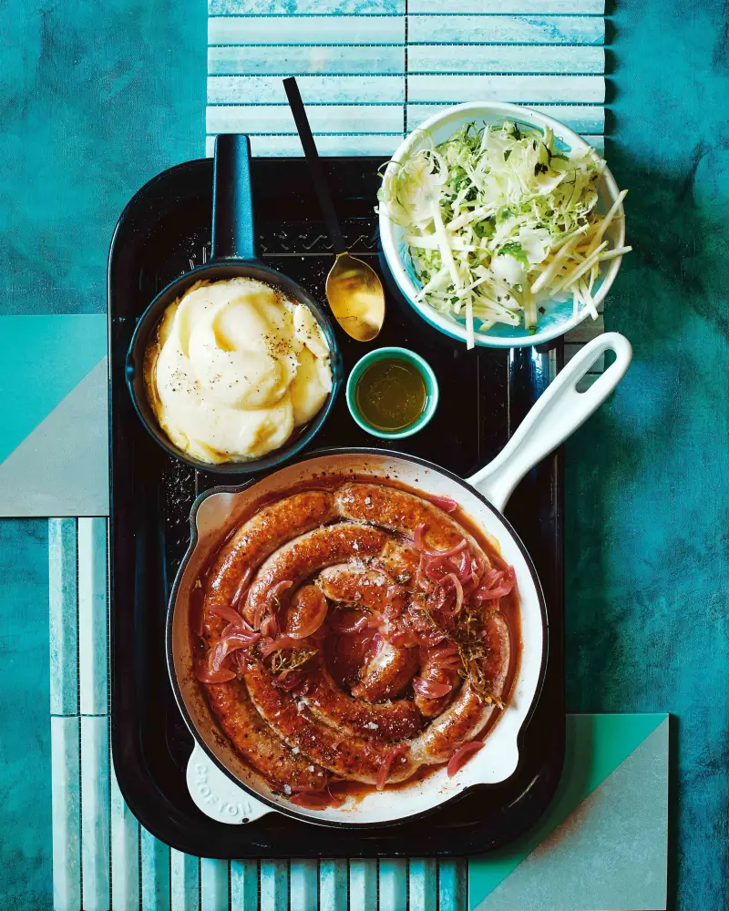 Sausages, Onion Gravy, Mash and Brussel Sprout Slaw, recipe by Hayden Quinn