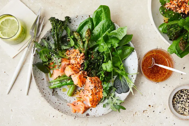 Maple Glazed Salmon & Greens, recipe by Hayden Quinn