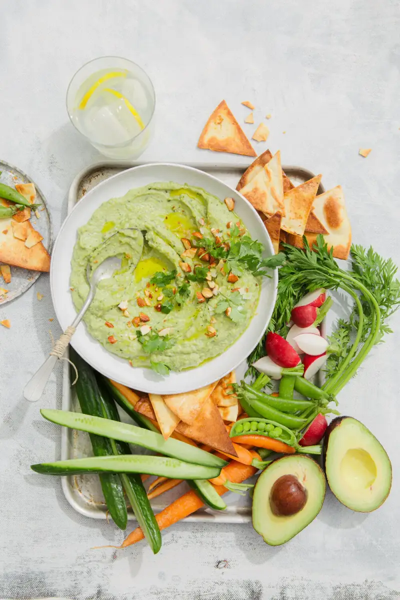 Avocado Hummus W/ Raw Spring Vegetables, recipe by Hayden Quinn