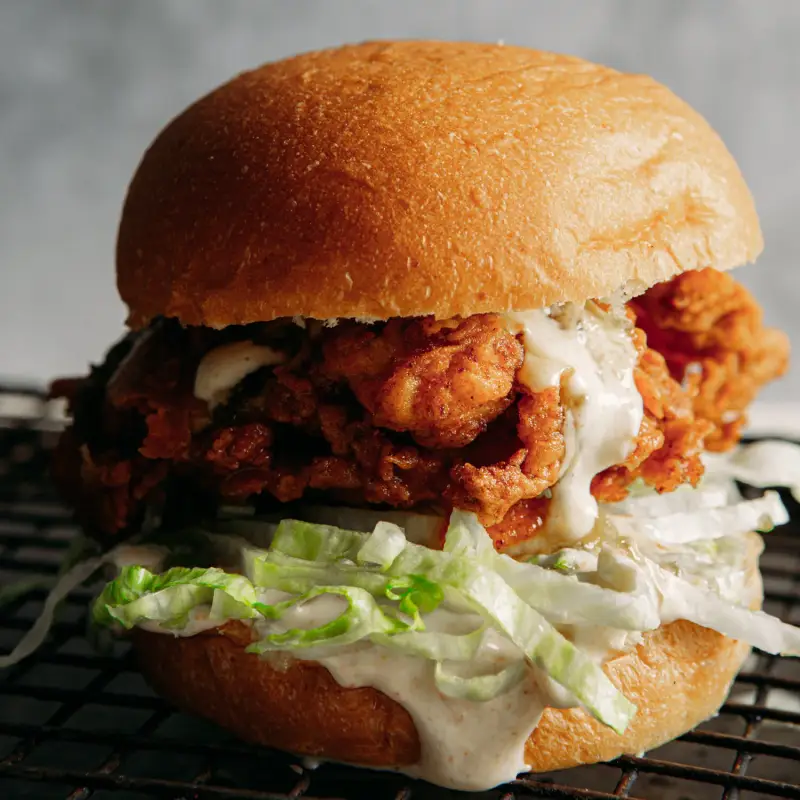 Fried Chicken Burger W/ Habanero May + Green Chili Jam, recipe by Hayden Quinn