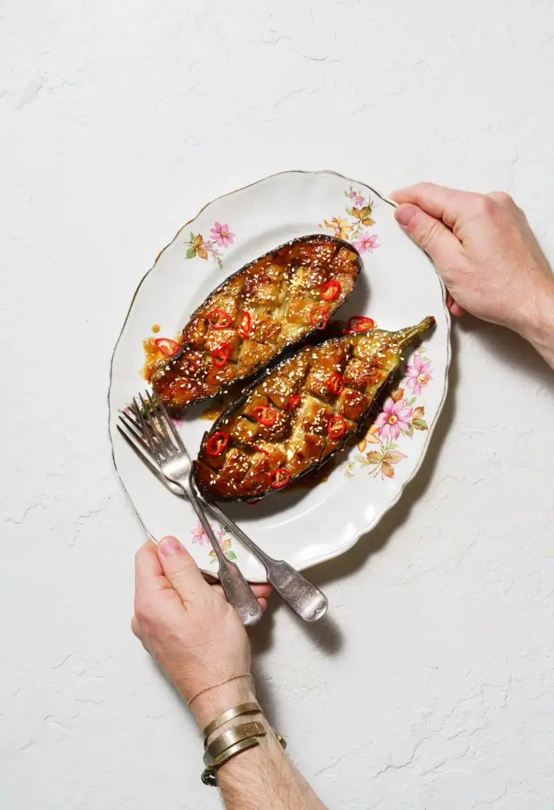 Miso Caramel Eggplant, recipe by Hayden Quinn