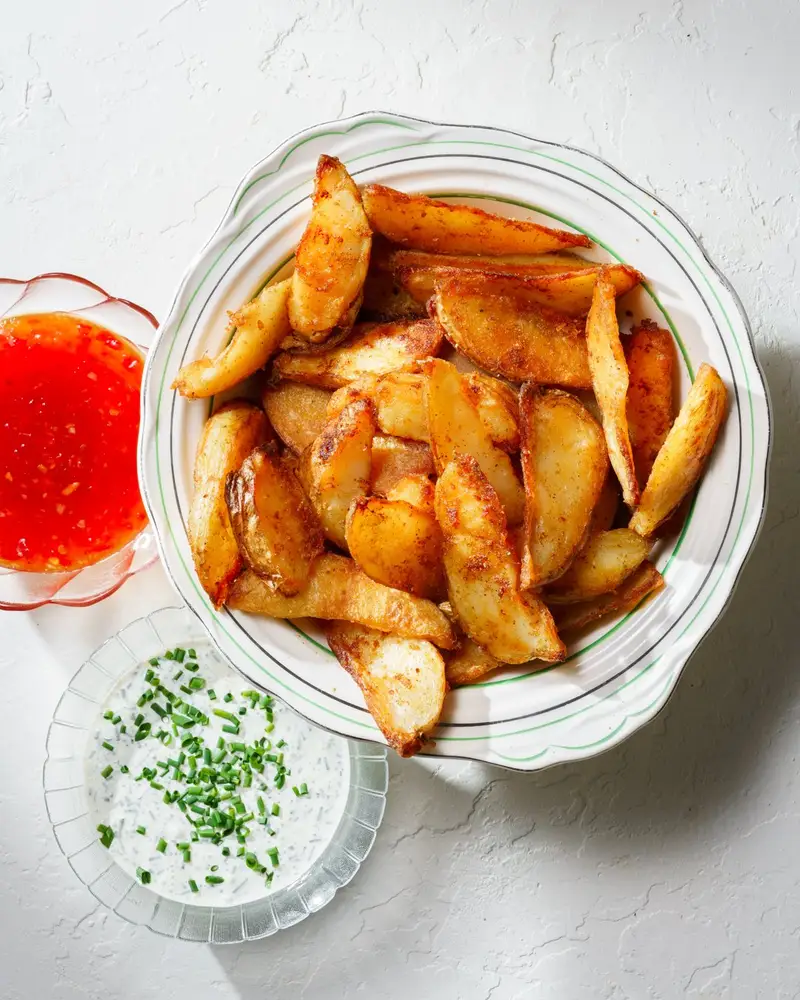 Crispy Potato Wedges with Blue Cheese Sauce, recipe by Hayden Quinn