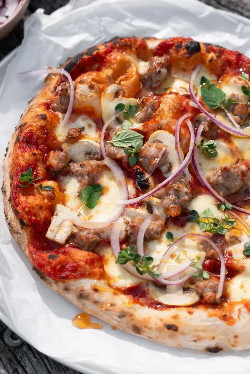 Sausage and Mushroom Pizza w/ Hot Honey, recipe by Hayden Quinn