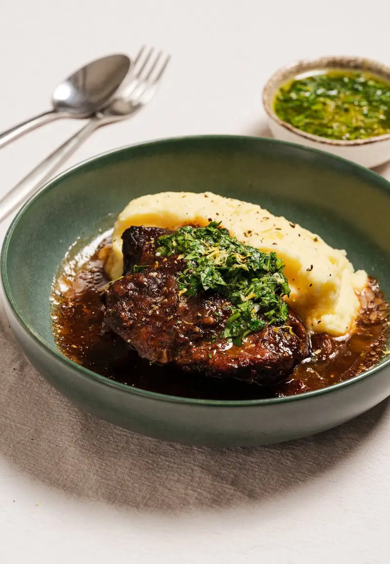 Beef Cheeks, Gremolata, Mash, recipe by Hayden Quinn