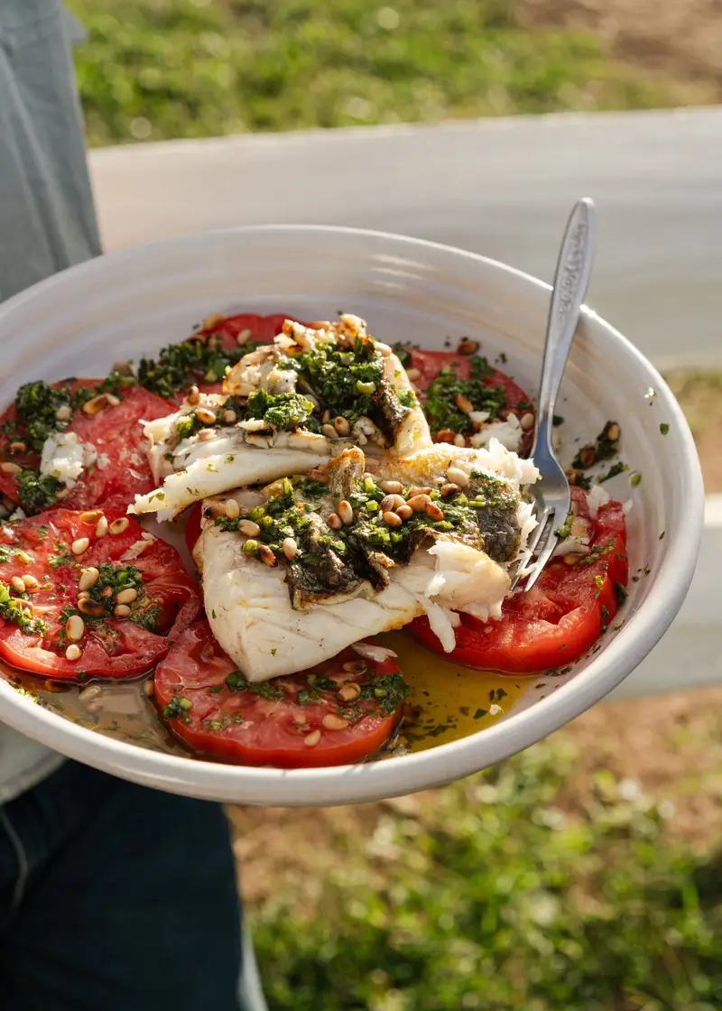 Seared Threadfin Salmon W/ Tomatoes & Oregano, recipe by Hayden Quinn
