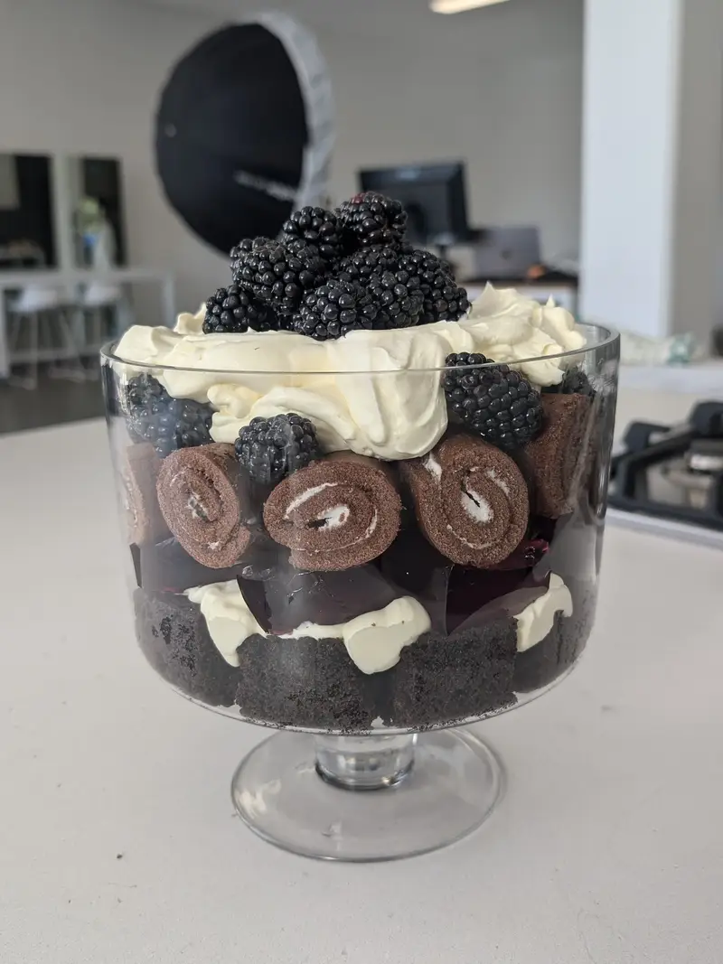 Choc Blackberry Christmas Trifle, recipe by Hayden Quinn