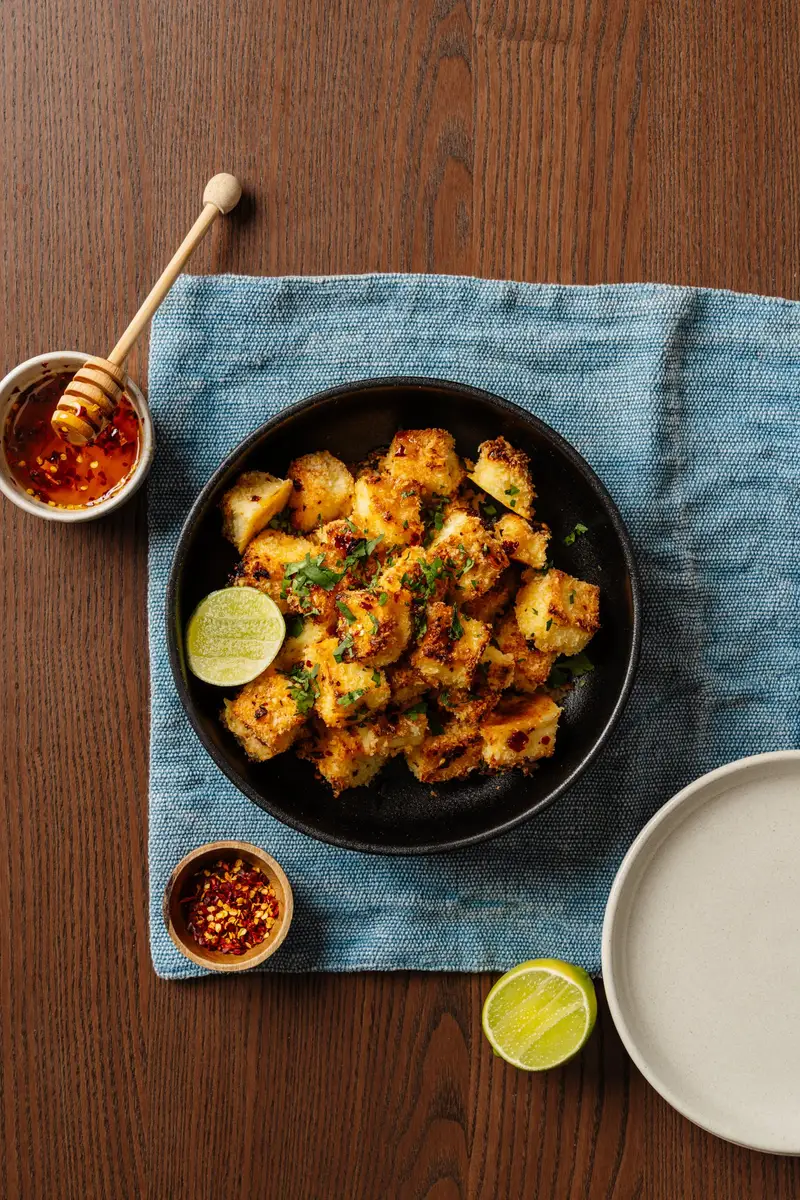 Hot Honey Haloumi Coconut Bites, recipe by Hayden Quinn
