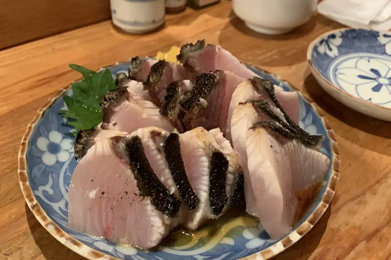 Seared fish tataki with greens at Sakaba Ikura Mokuzai